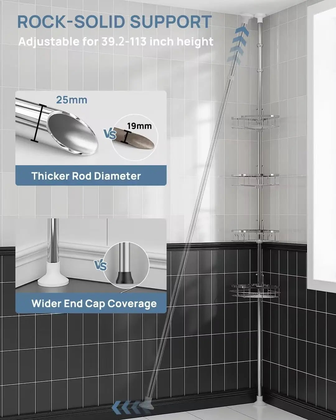 Rustproof Shower Corner Caddy Organizer for Bathroom 4 Adjustable Shelves with Tension Pole  for Bathtub Shampoo Accessories