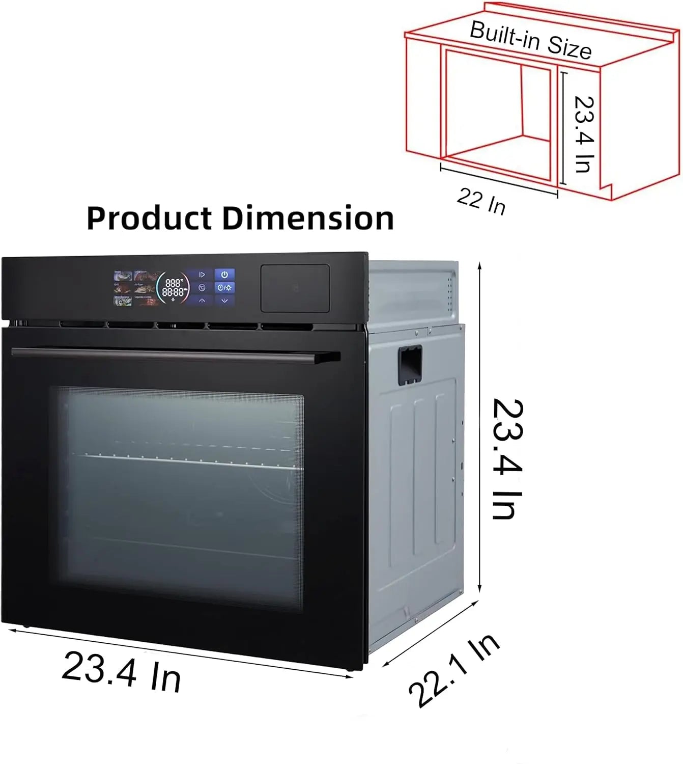 24" Built-in Electric Ovens with 70L Capacity 3000W Single Wall Oven with View Window Steam & Grill Oven 8 Cooking Functions