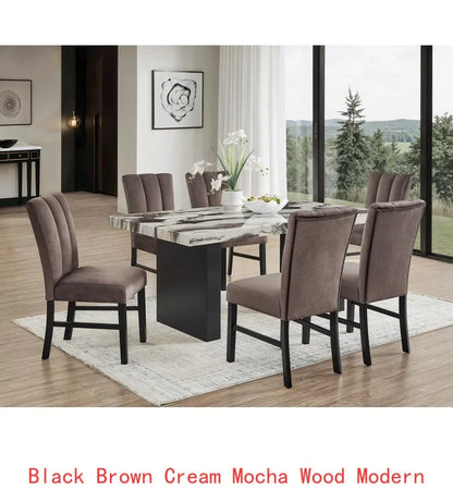 6-Piece Black Brown Faux Marble Dining Set with Square Table, Upholstered Curved Chairs, and Bench for Elegant Dining Room