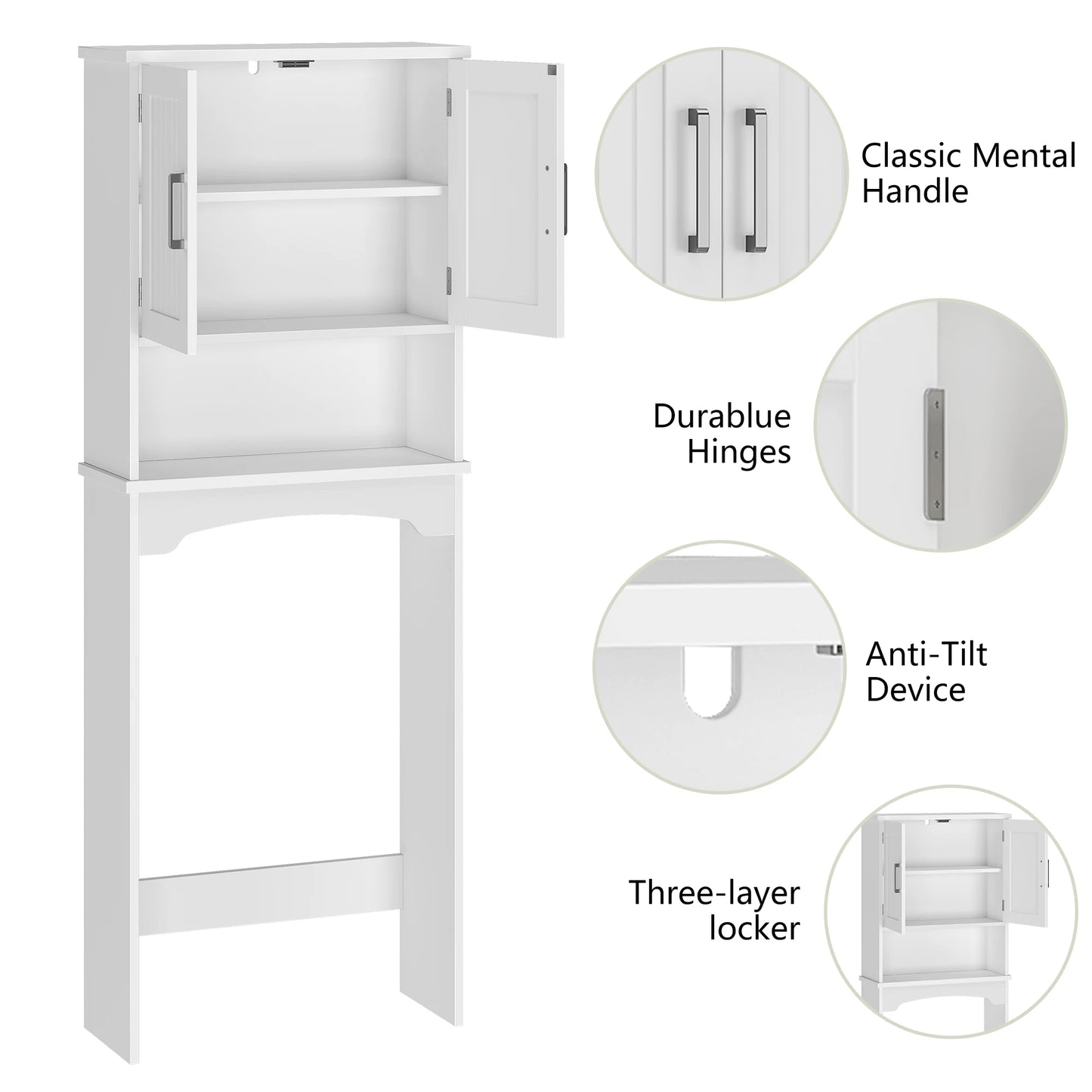 Over The Toilet Storage Cabinet with Double Doors and Anti-Tip Device, Above Toilet Bathroom Organizer with Open Shelf