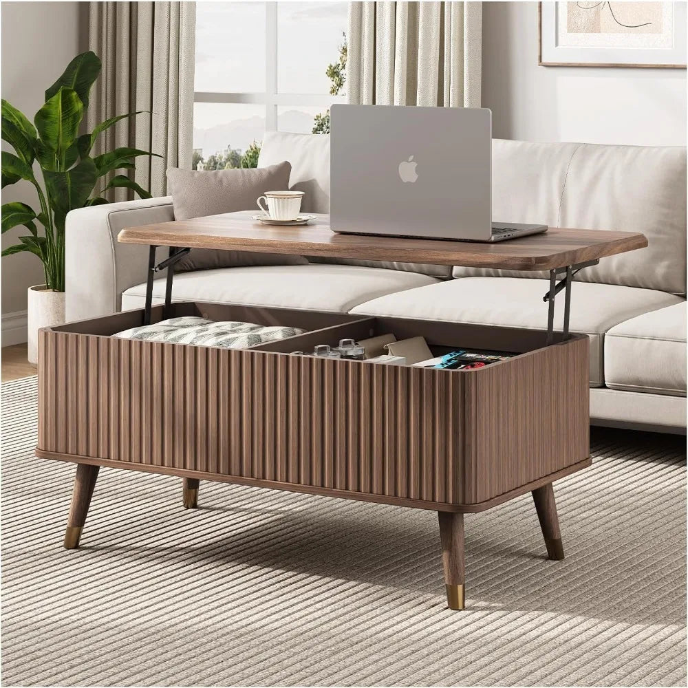 Lift Top Coffee Table with Storage,Mid Century Modern Coffee Table,Fluted Wood Rectangle Center Table for Living Room,Office