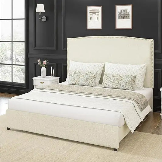Full Size Upholstered Platform Bed Frame with 56" Headboard, Soft Boucle Fabric, Mid-Century Modern Design, No Box Spring Requir