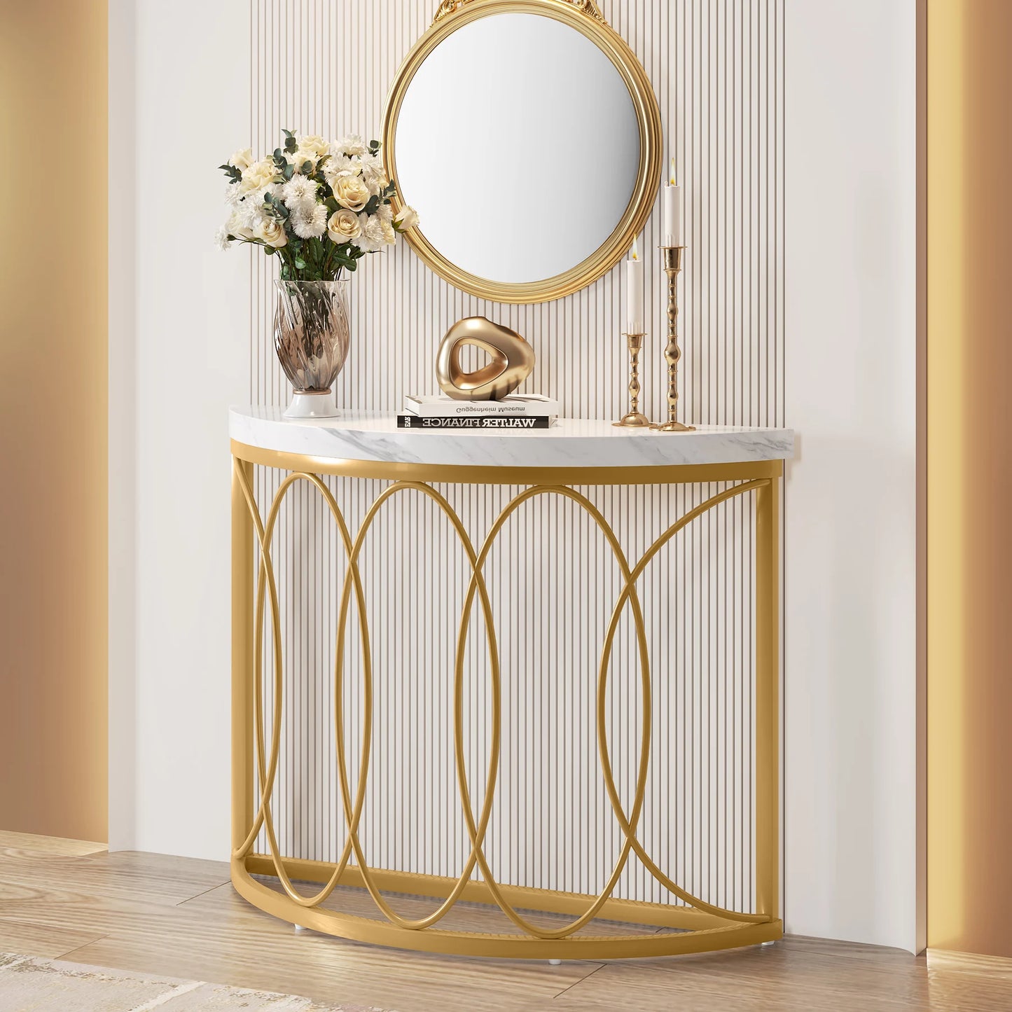 Half Moon Gold Console Table, 43" Modern Entryway Table, Narrow Semi Circle Sofa Table with Geometric Metal Frame