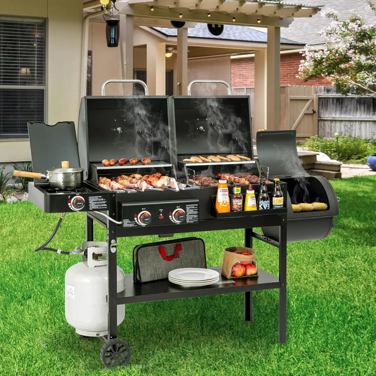 2-Burner Gas and Charcoal Combo Grill with Offset Smoker & Side Burner, 34,000 BTU Dual Fuel Grill, 1020 Sq. In., Customized