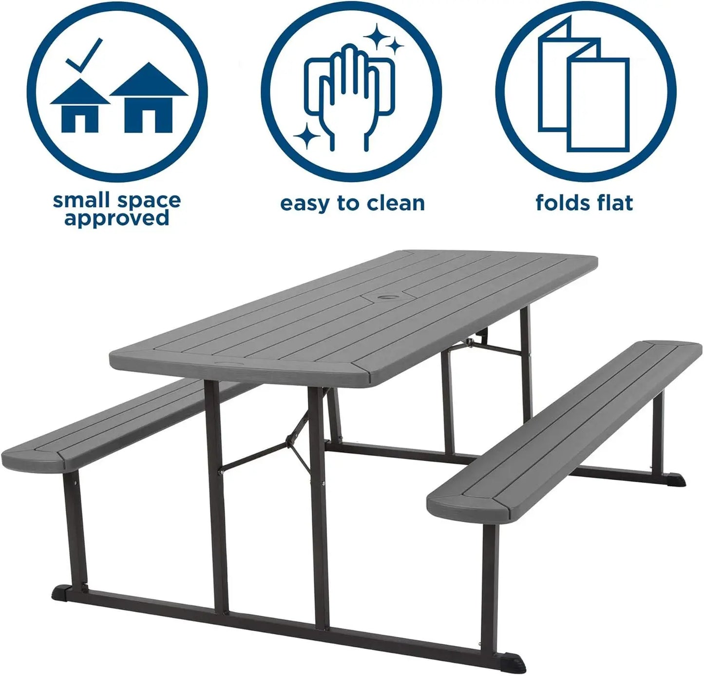 Outdoor 6 ft. Folding Picnic Table, Dark Gray Wood Grain Resin with Gray Steel Legs