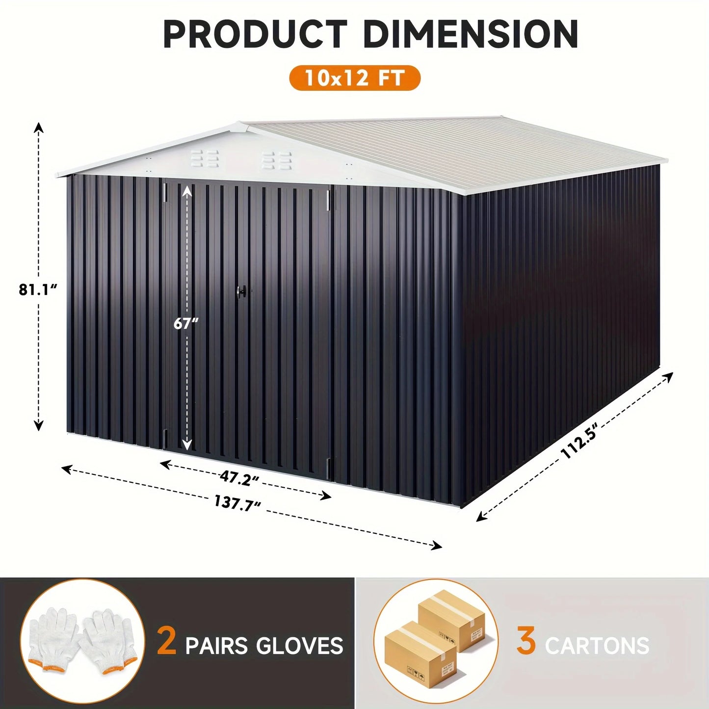 10x12/12x14FT Galvanized Steel Storage Shed Heavy Duty Lockable Hasp Door Black/White Roof Garden Tool Shed for Backyard Patio