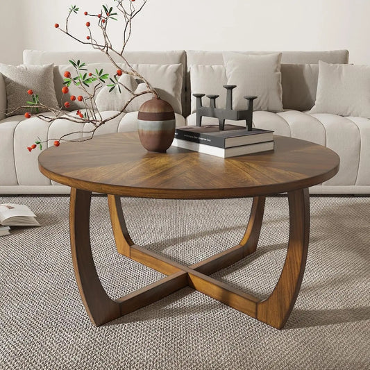 Mid Century Modern Round Walnut Coffee Tables, 33.5" Dia. Circle Drum Coffee Table
