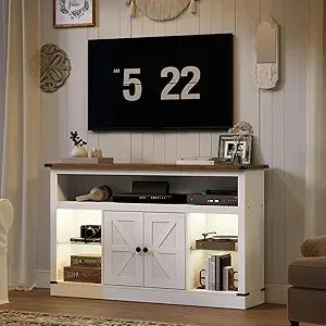 Farmhouse TV Stand for 55 Inch, Entertainment Center with Sensor LED Light, Media TV Console Table with Storage Cabinet and Glas
