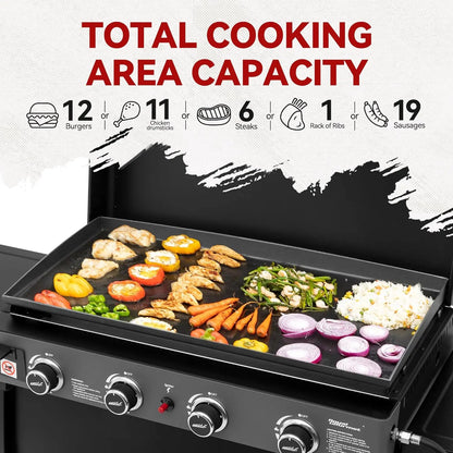 4 Burner Propane Gas Griddle with Removable Cart and Convertible Tabletop Design, Flat Top Grill with Hood for Camping, Tailgating, Backyard Use, Black