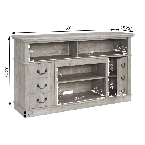 Traditional TV Media Stand Console for TV Up to 65" with Open and Closed Storage Space, Light Gray, 60"W*15.75"D*34.25"H  ﻿