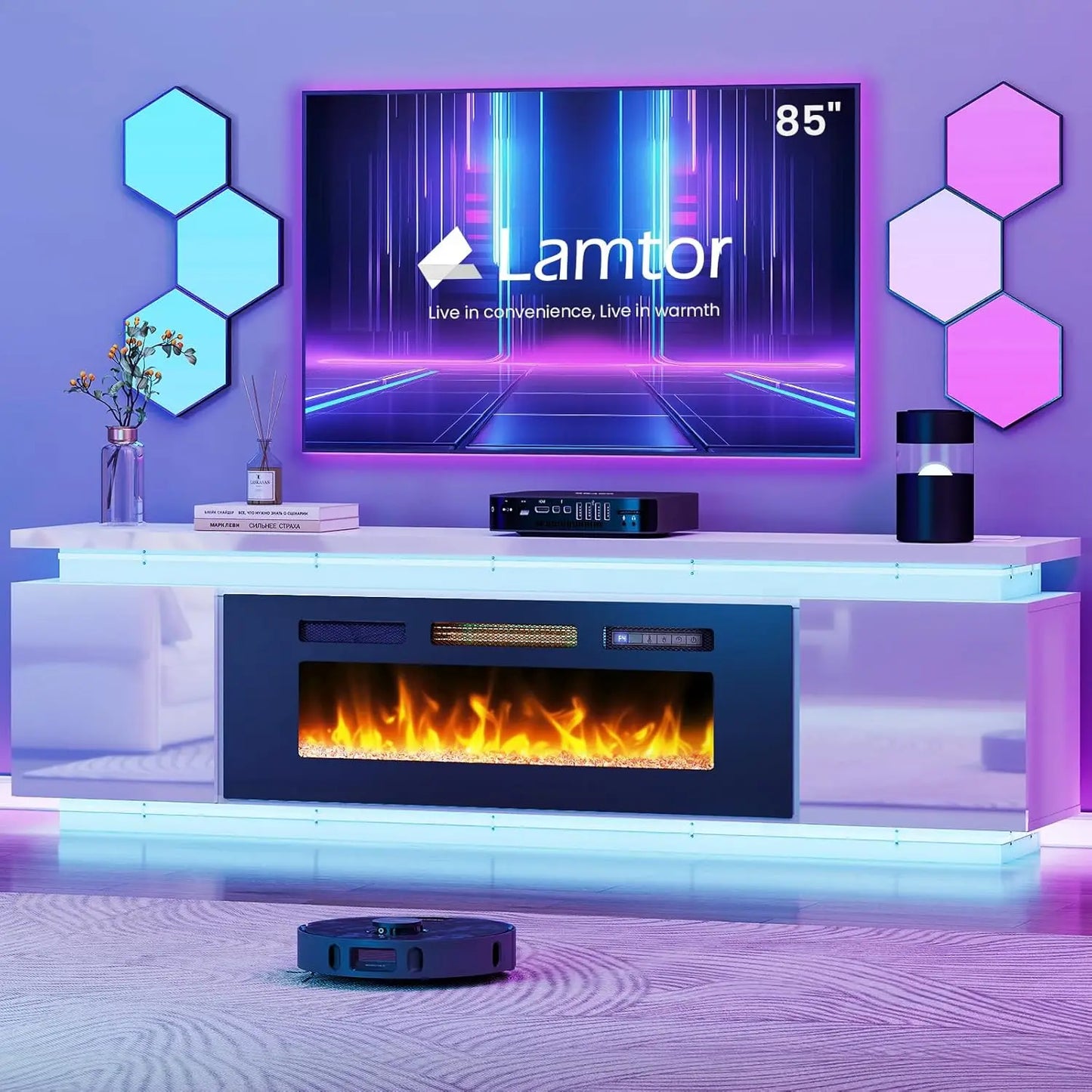 Fireplace TV-Stand for 85 inch TVs - TV-Stand with 40" Fireplace - Entertainment Center with 2 RGB LED Lights and 4 AC Power