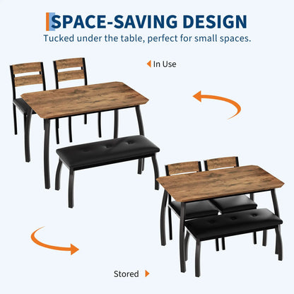 Dining Table Set for 4, Kitchen Table with Upholstered Bench and 2 Chairs, 4 Piece Dining Furniture Set for Small Space