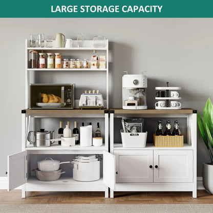 White Microwave Stand Bakers Rack Cabinet, Freestanding 5-Tier Kitchen Storage with Shelves, Farmhouse Floor Hutch Door Thickene