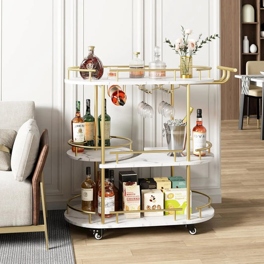 Gold Bar Carts with 4-Tiers Storage Shelves Mobile Bar Seving Carts On Wheels with Wine Rack and Glass Holder