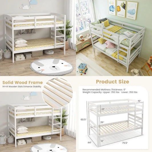 Twin Over Twin Solid Wood Bunk Bed with Detachable Frame, High Guardrails, and Integrated Ladder