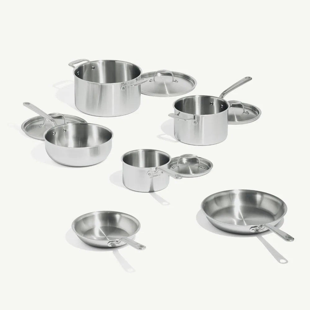 10 Piece Stainless Steel Pot and Pan Set - 5 Ply Clad - Includes Stainless Steel Frying Pans, Saucepans, Cookware Set