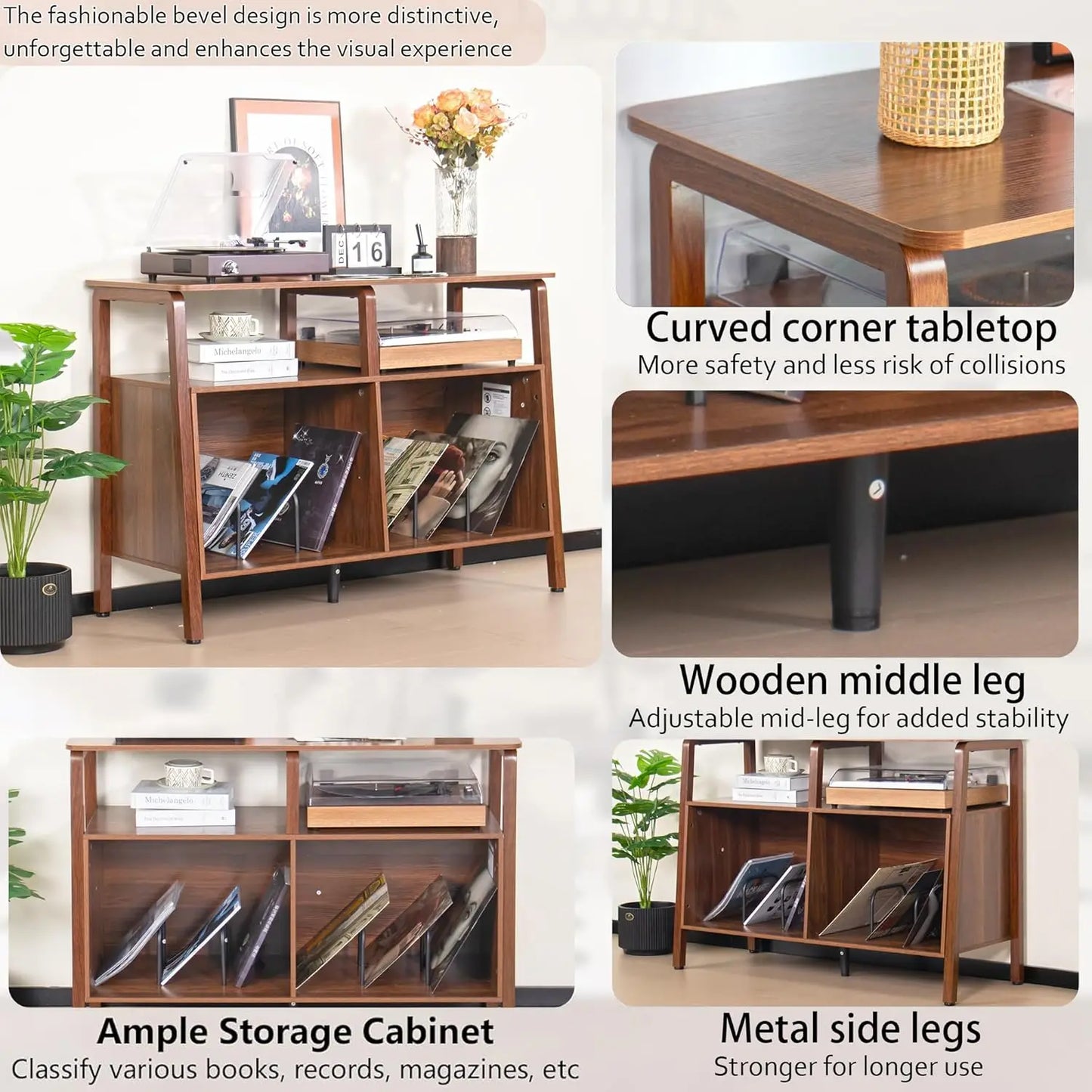 Mid Century Turntable Stand Table with Open Storage Holds up to 300 Albums, Vinyl Record Storage Display Shelf for Living Room