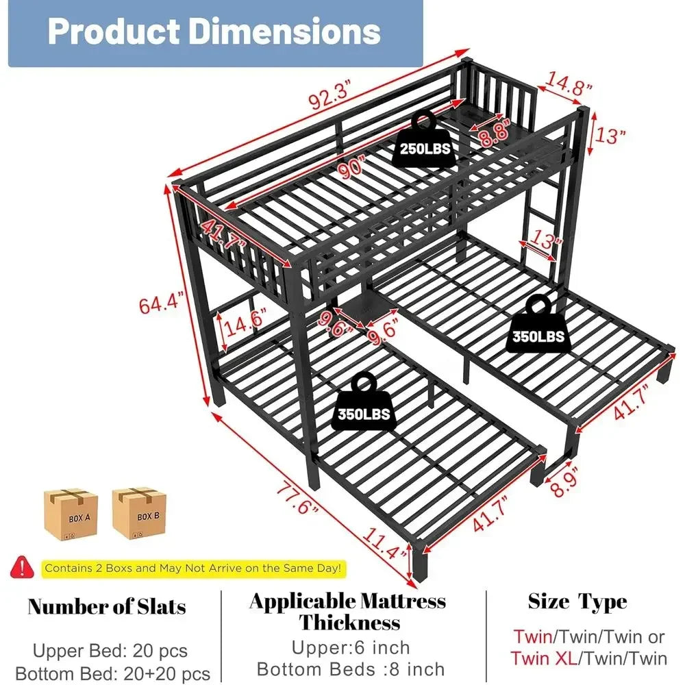 Sturdy Metal Triple Bunk Bed with LED Lights, Storage, and Charging Station for Kids