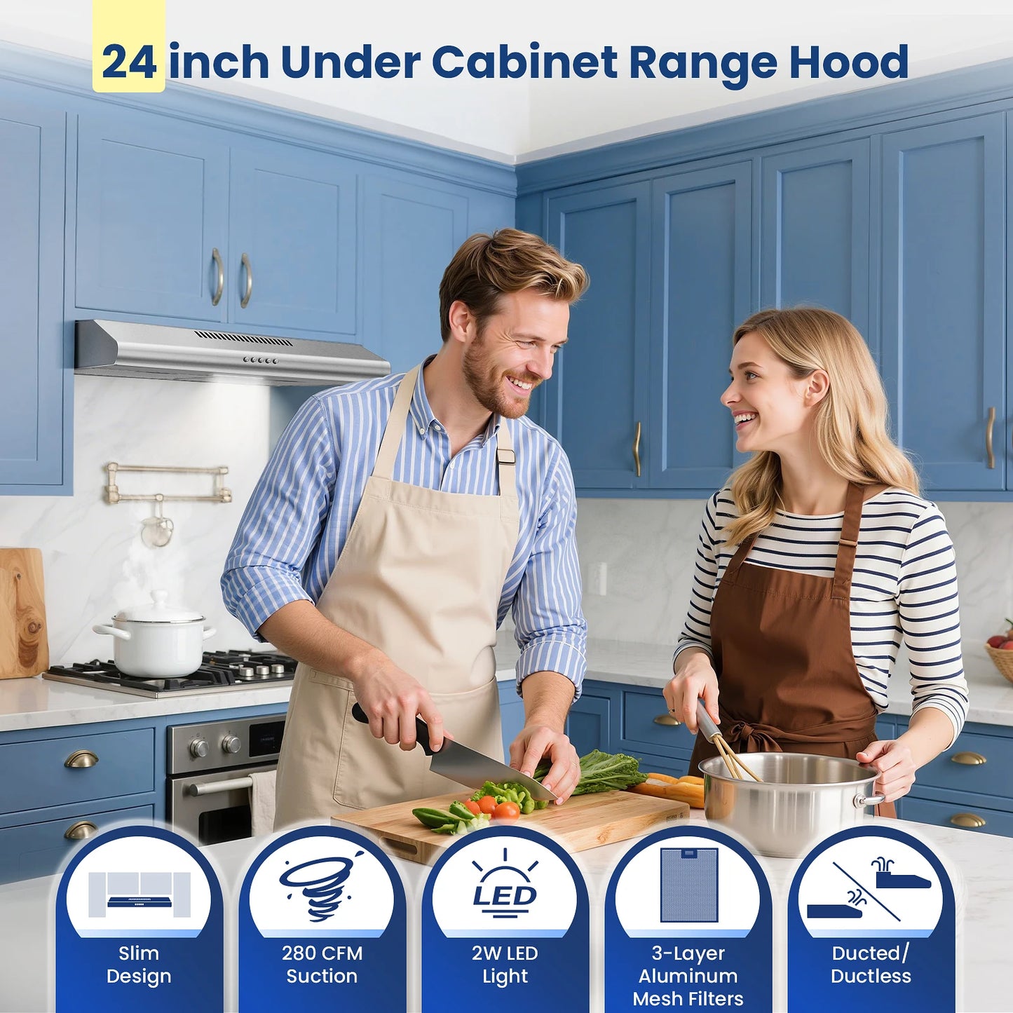 24in Under Cabinet 280CFM Stainless 3-Way Vent,LED Bulb,3-Speed, Easy Clean, A++ Energy 120V Range Hood