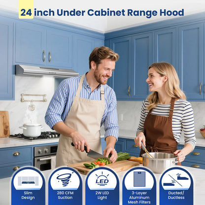 24in Under Cabinet 280CFM Stainless 3-Way Vent,LED Bulb,3-Speed, Easy Clean, A++ Energy 120V Range Hood