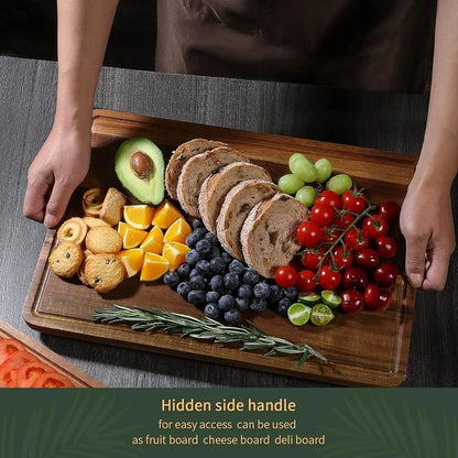 Wooden Cutting Boards Set of 3 Thick Chopping Board with Deep Juice Groove and Handles