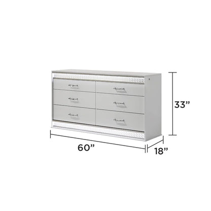 White Wood Queen Bedroom Set with LED Headboard, Modern Glam Design, 5-Piece