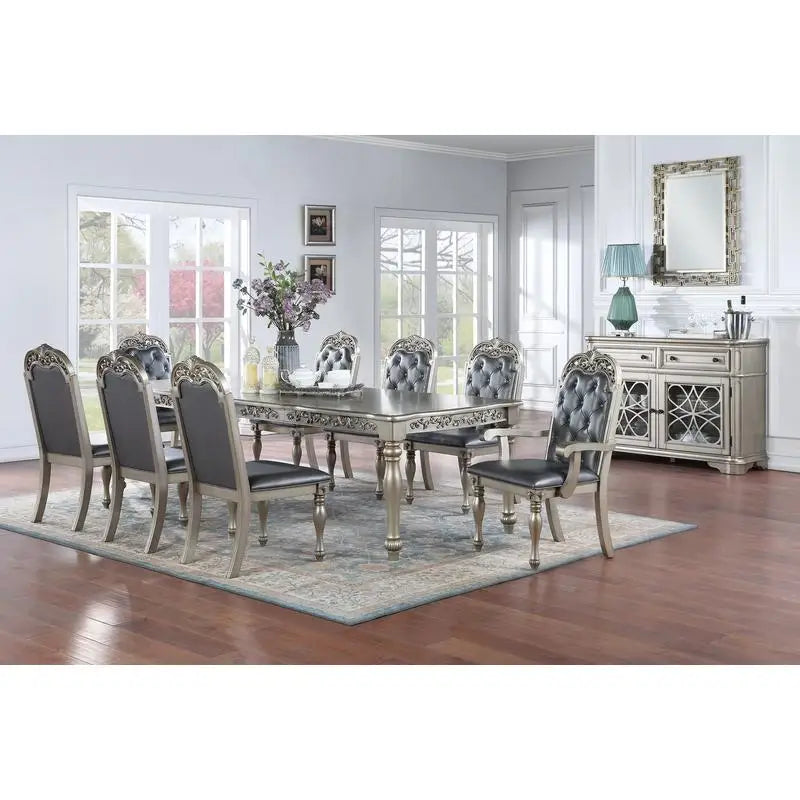 Formal 1pc Dining Table with 2 Leaves, Silver Grey Finish, Antique Design, Rubberwood, Large Family Dining Room Furniture