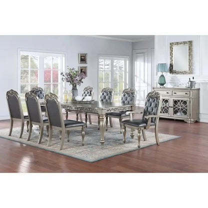 Formal 1pc Dining Table with 2 Leaves, Silver Grey Finish, Antique Design, Rubberwood, Large Family Dining Room Furniture