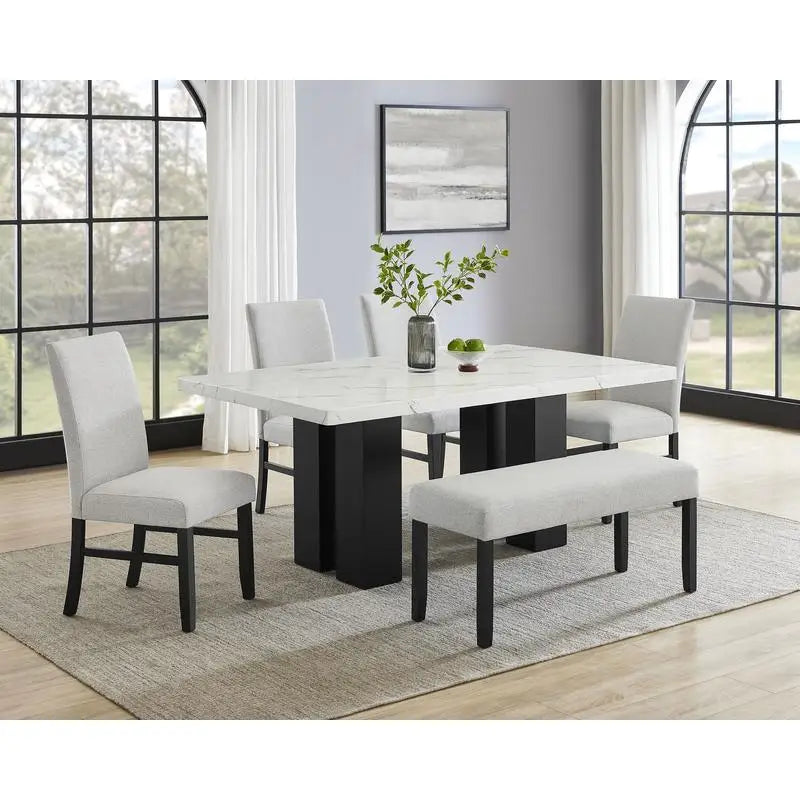 6-Pc Dining Set, White Rectangular Marble Tabletop, Dark Finish Base, Upholstered Chairs & Bench, Soft table