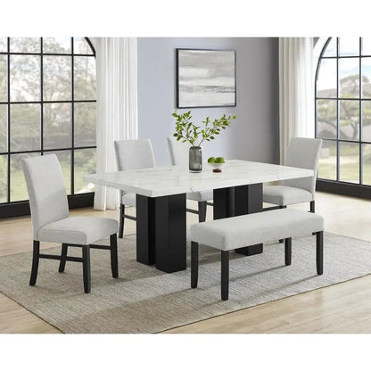 6-Pc Dining Set, White Rectangular Marble Tabletop, Dark Finish Base, Upholstered Chairs & Bench, Soft table