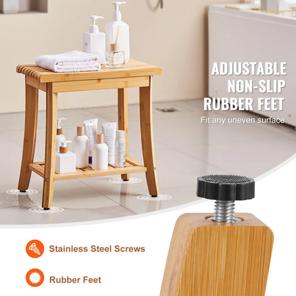 Bamboo Shower Bench 19.1x11.3x18.3 in Waterproof Shower Stool Chair with Storage Shelf 330lbs Load Capacity Spa Seat