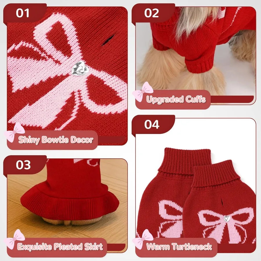 Bowknot Pet Sweater Dress for Small Pets Girl Stretchy Pet Sweaters Pullover Coats Fall Winter Warm Dog Turtleneck Sweater Red