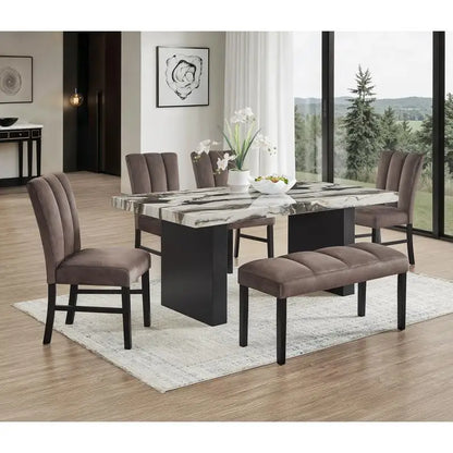 6-Piece Black Brown Faux Marble Dining Set with Square Table, Upholstered Curved Chairs, and Bench for Elegant Dining Room
