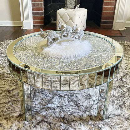 Large Round Mirrored Coffee Table Beveled Bling Crushed Diamond End Table
