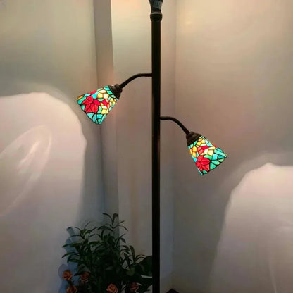 QWMaple Tree Leaves Tiffany Style Stained Glass Torchiere Floor Lamp with Sidelights 70-inches Tall