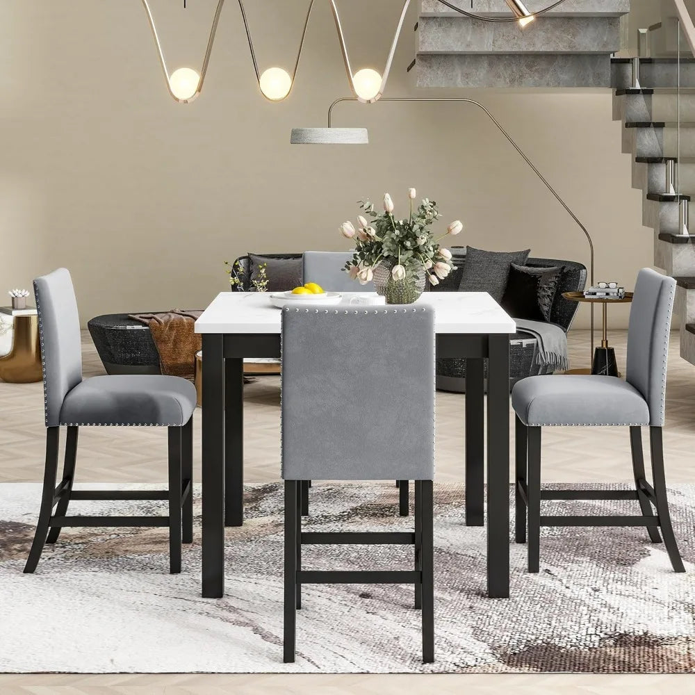 Modern Counter Height Dining Table Set for 4, Faux Marble Top Square Dining Table with 4 Velvet Upholstered Chairs, 5 Piece Coun