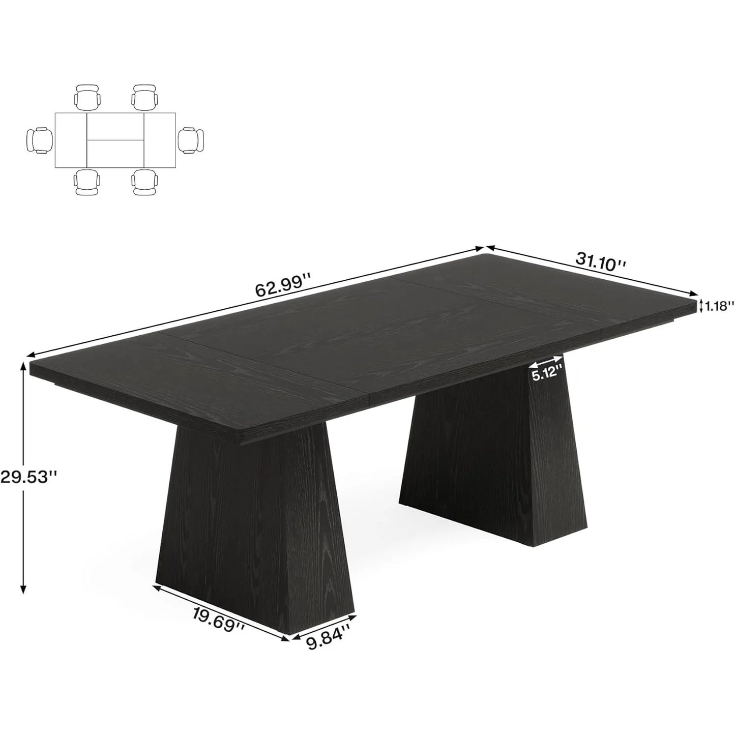 Black Dining Table for 4-6, Modern Kitchen Table with Tapered Wood Legs and Tabletop for Kitchen, Living Room