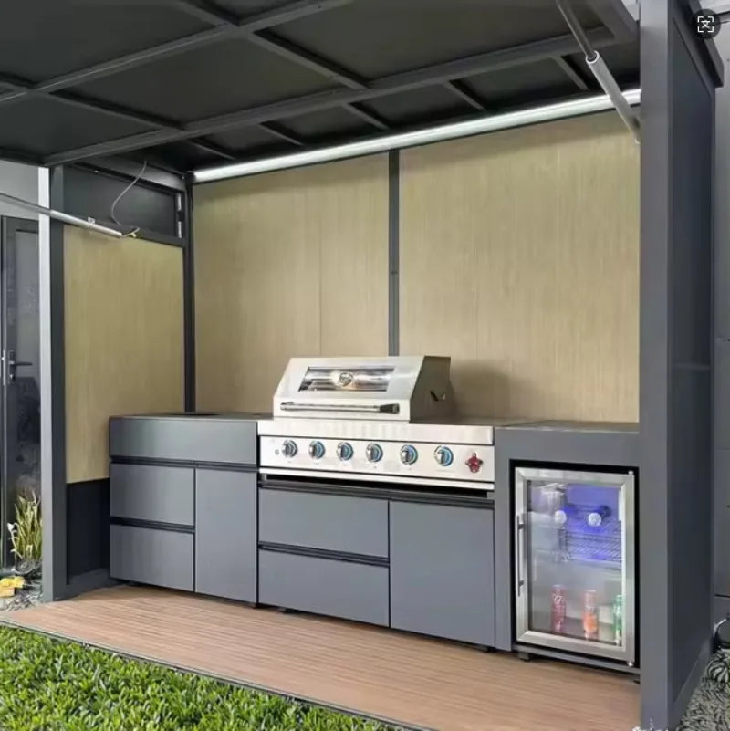 Customizable Rust-Resistant Powder Coated Outdoor Kitchen Station with BBQ Grill, Fridge & Sink for Coastal Areas