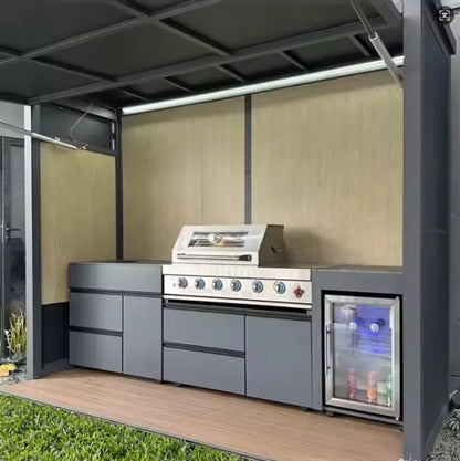 Customizable Rust-Resistant Powder Coated Outdoor Kitchen Station with BBQ Grill, Fridge & Sink for Coastal Areas