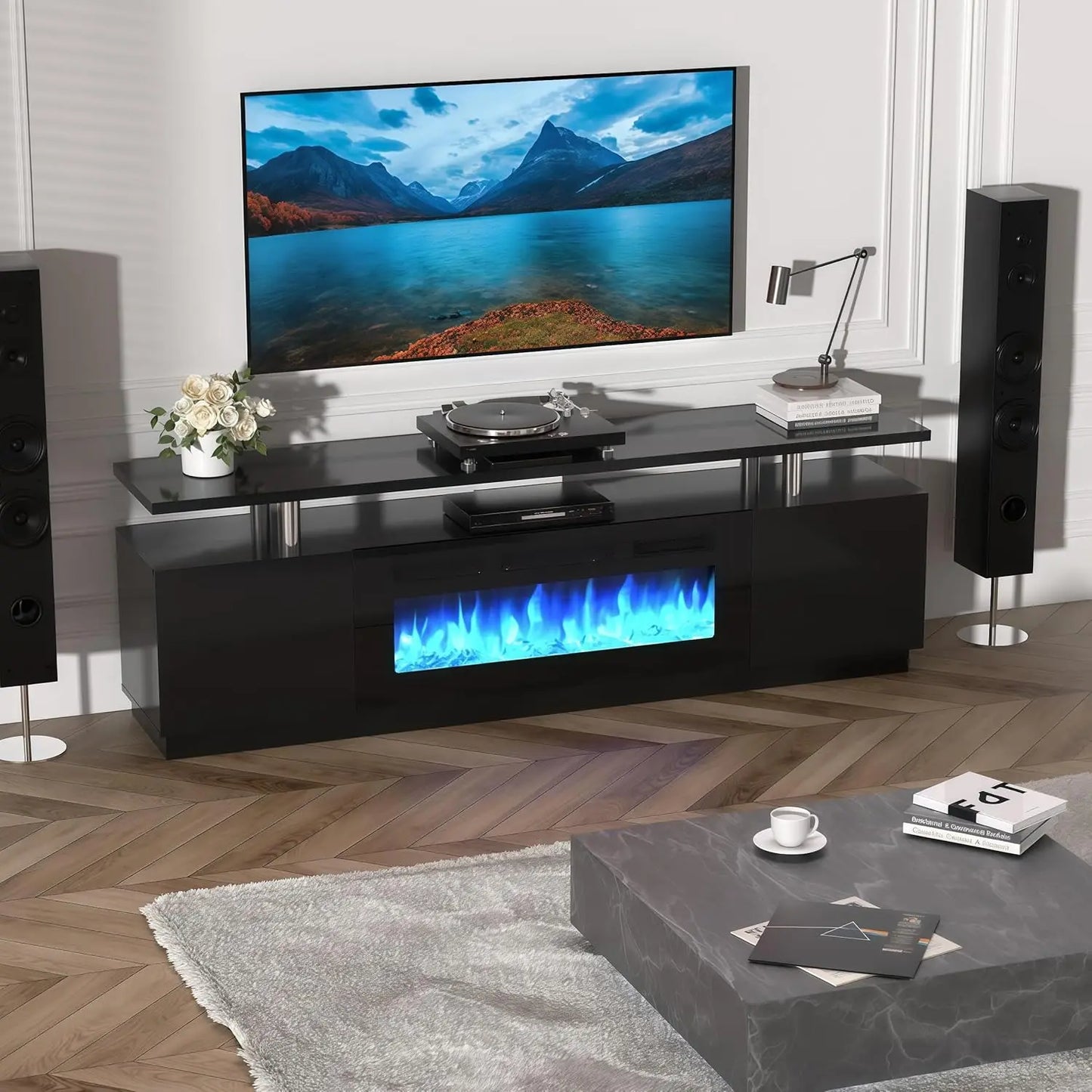70" Fireplace TV Stand with 36" Electric Fireplace, LED Light Entertainment Center & Remote, for TVs Up to 80", 2-Tier Media