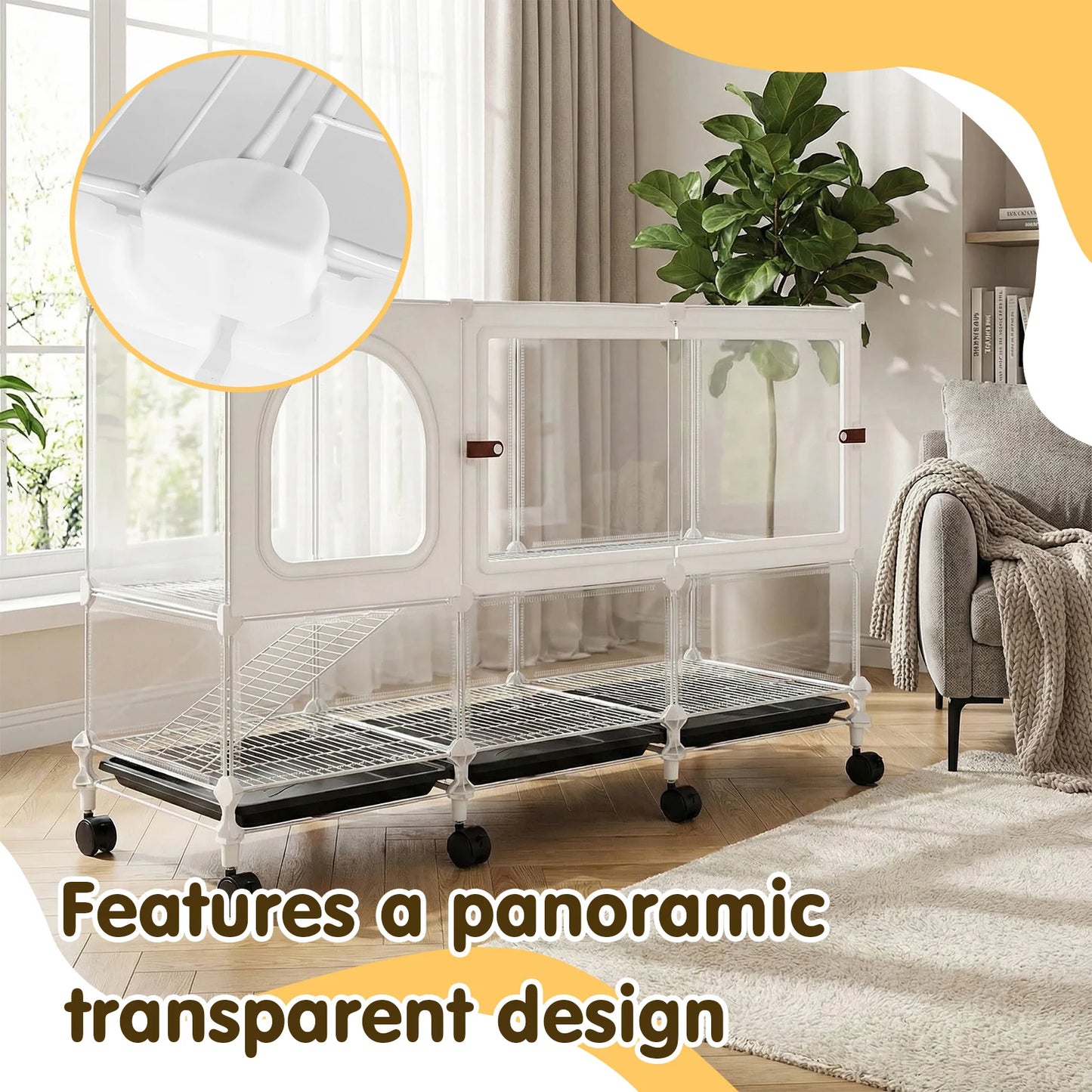 2-Tier Bunny Cage Indoor with Pull Out Tray Clear Panel Critter Cage with Wheels 105x35x66cm for Indoor Animal Chinchillas