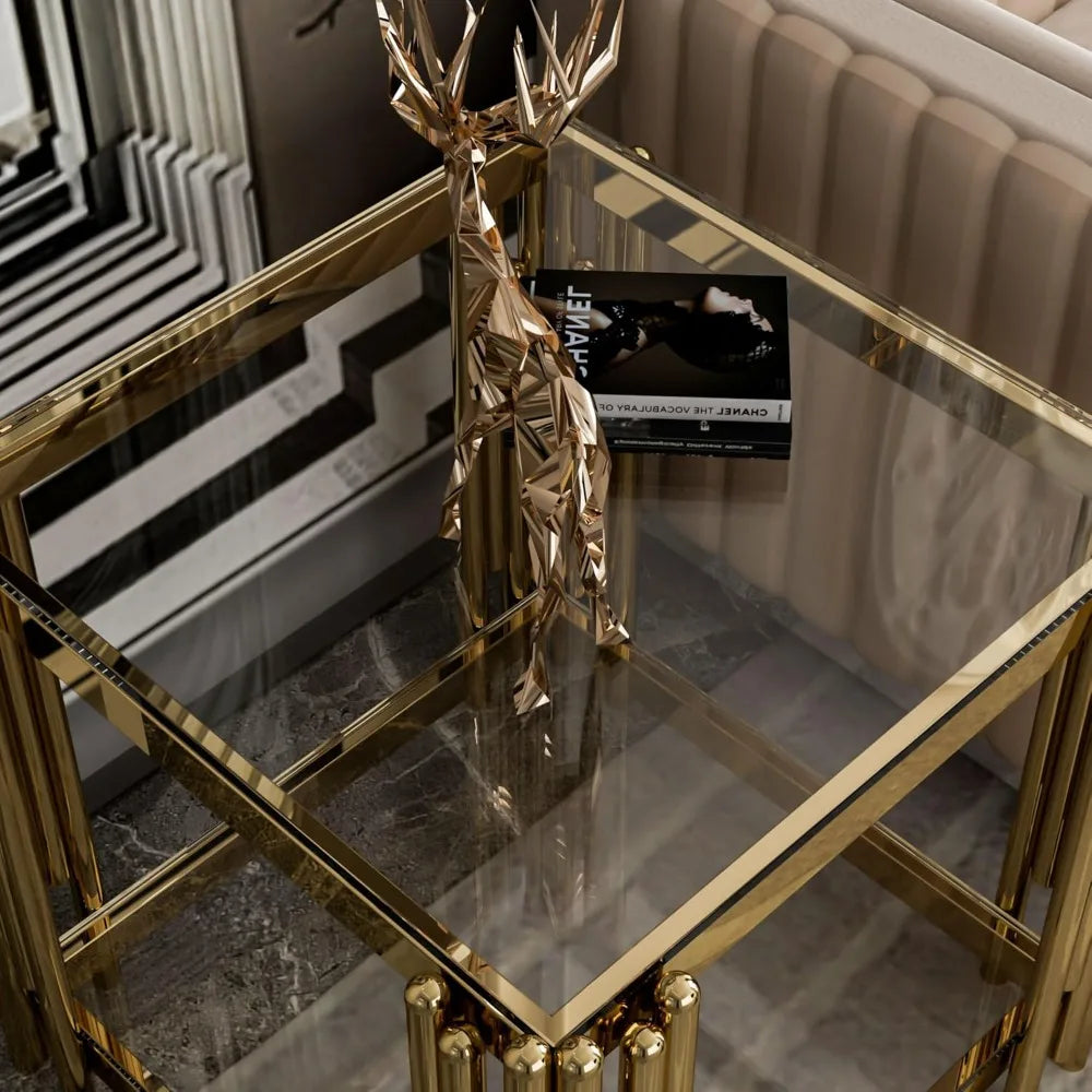Modern Stainless Steel Leg Square Clear Tempered Glass End Table for Living Room and Sofa Side