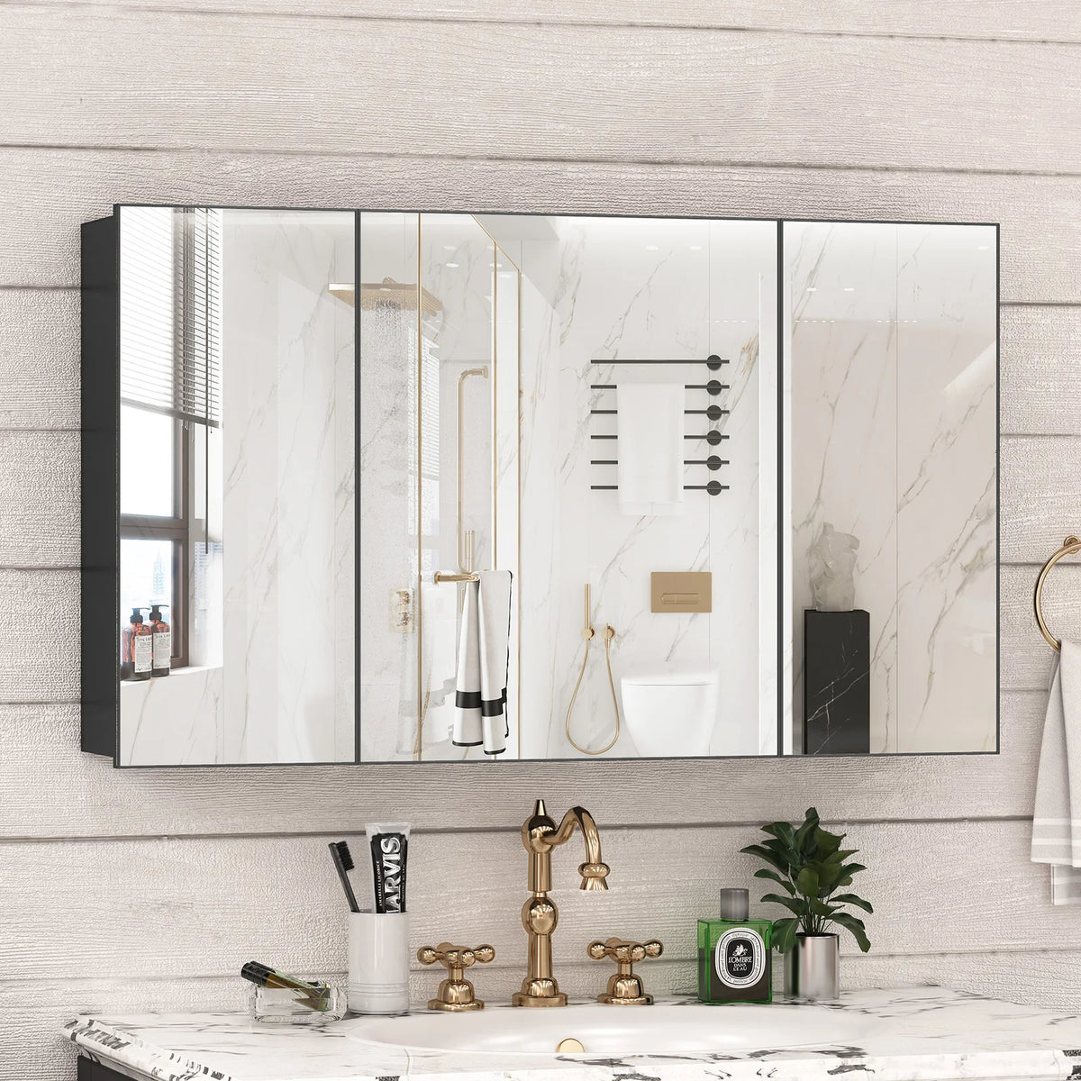 Large Wall Mounted Medicine Cabinet 3 Door Bathroom Mirror Storage Cabinet Modern Black Finish with Shelves