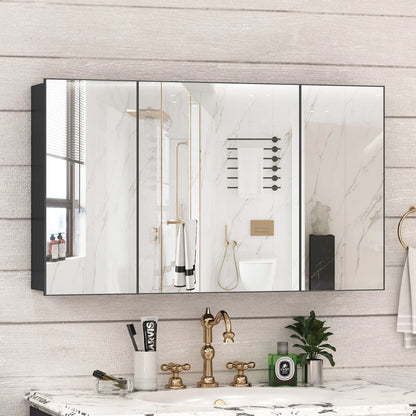 Large Wall Mounted Medicine Cabinet 3 Door Bathroom Mirror Storage Cabinet Modern Black Finish with Shelves