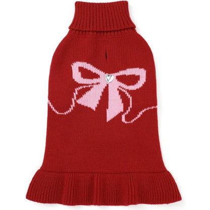 Bowknot Pet Sweater Dress for Small Pets Girl Stretchy Pet Sweaters Pullover Coats Fall Winter Warm Dog Turtleneck Sweater Red