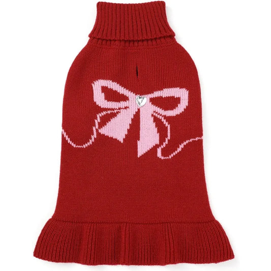 Bowknot Pet Sweater Dress for Small Pets Girl Stretchy Pet Sweaters Pullover Coats Fall Winter Warm Dog Turtleneck Sweater Red