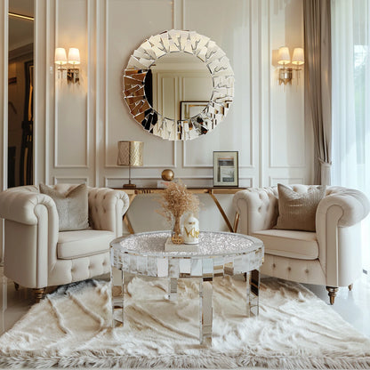 Mirrored Coffee Table with Crystal Inlay, 31.5'' Modern Round Coffee Table with Mirror Surface, Silver Accent Table