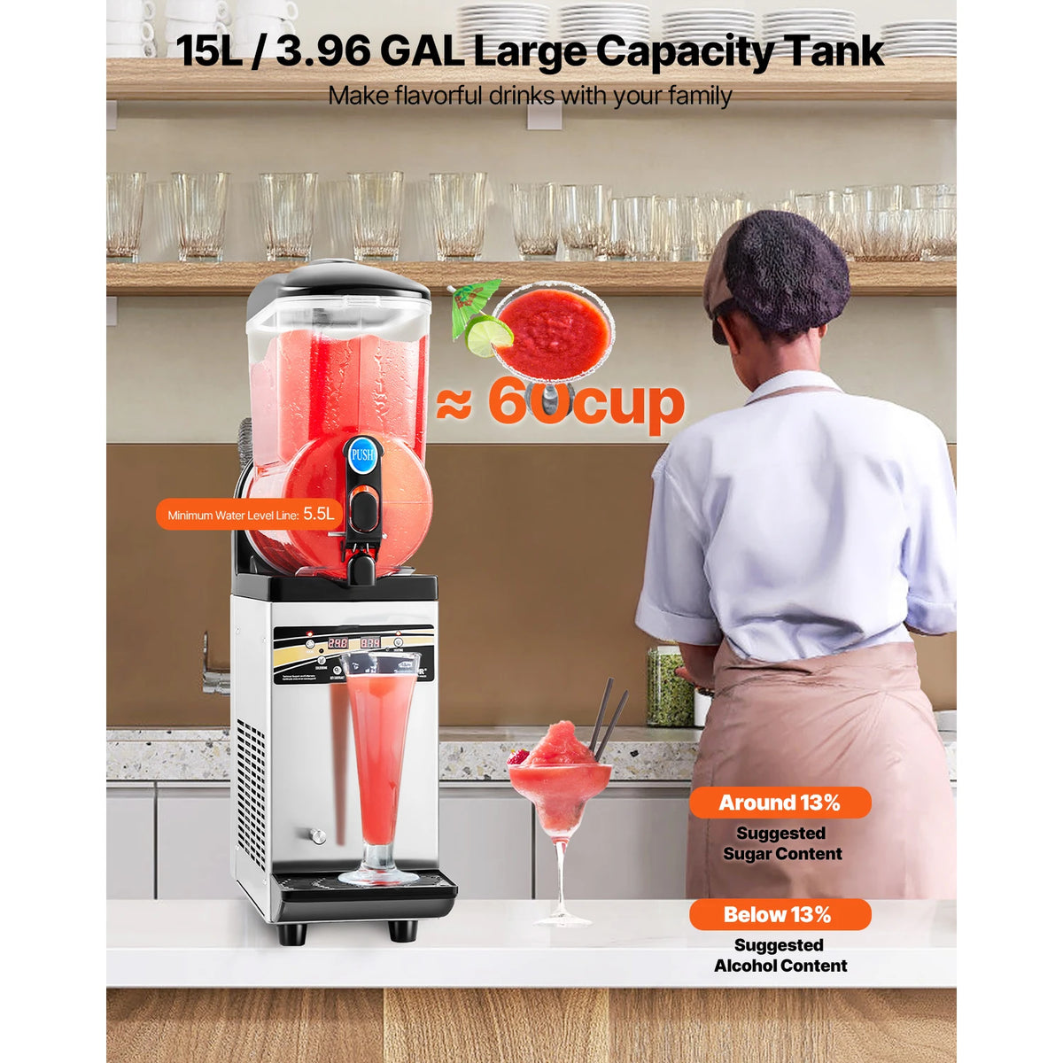 15L Commercial Frozen Drink Maker Single Tank Slushy Machine,Slushie Maker for Home Party Restaurants Cafe Bars