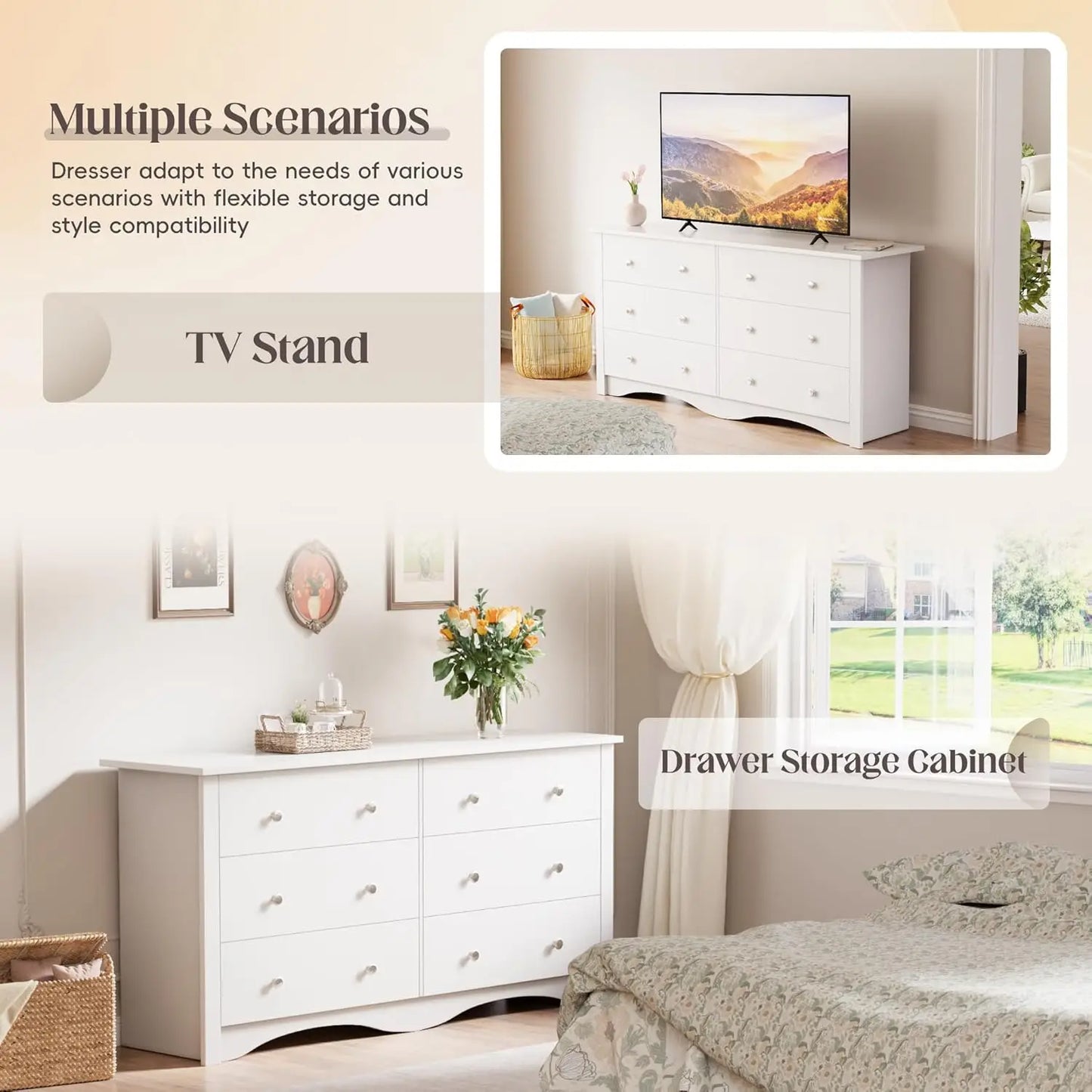Dresser for Bedroom, 6 Wood Dresser Drawers, Wide Chest of Drawers, Storage Tower Unit Modern Design Bedroom Living Room