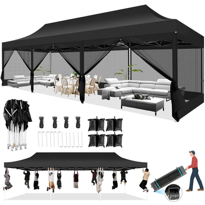 10x30FT Canopy Tent with 8 Sidewalls,Heavy Duty Pop up Canopy Party Tent with Mosquito Netting,Easy up Screen Canopy for Parties